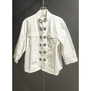 New Direction Women 1X White Cotton Denim Jacket Large Gold Rings Decor